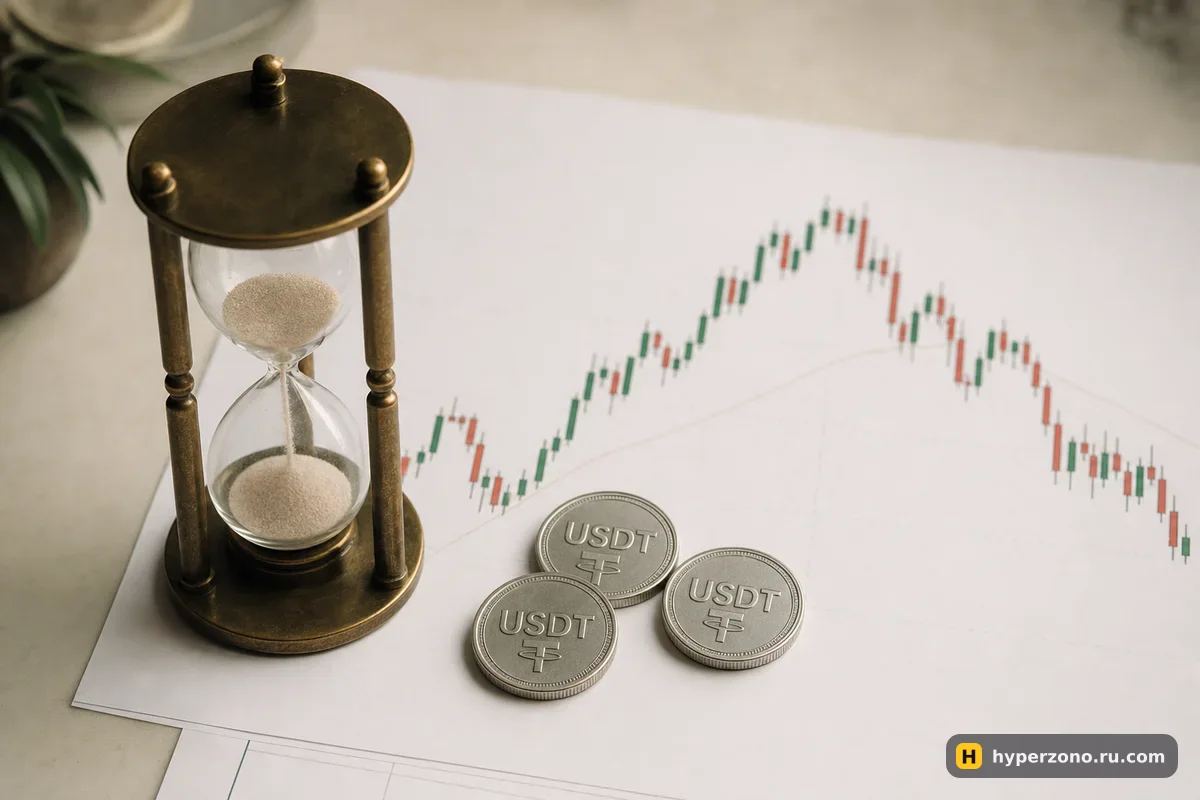 Песочные часы и монеты USDT рядом с распечатанным графиком