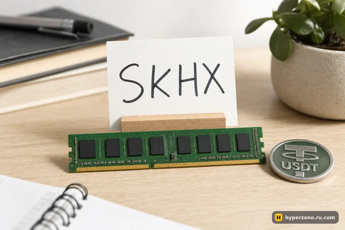 Модуль оперативной памяти на столе рядом с карточкой SKHX и монетой USDT