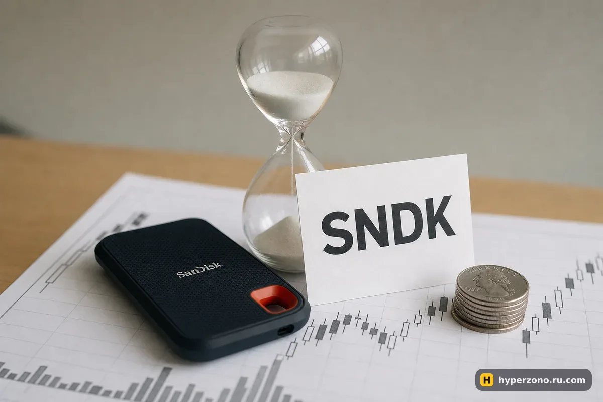Песочные часы и чёрный SSD-диск на распечатанном свечном графике, рядом стопка монет и карточка с надписью SNDK