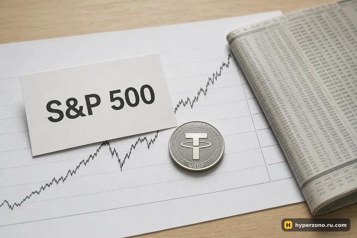 Распечатанный график индекса на столе, рядом монета USDT и карточка с надписью S&P 500