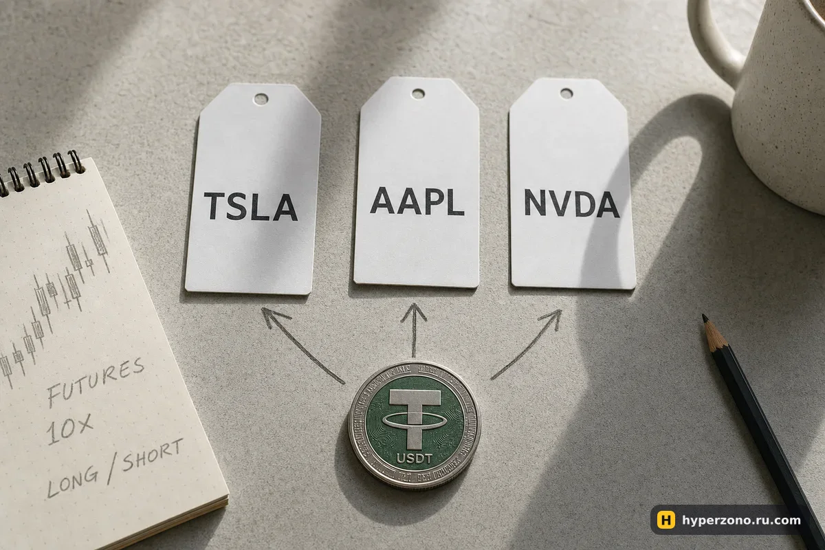 Три бумажные карточки с тикерами TSLA, AAPL и NVDA и монета USDT со стрелкой к ним