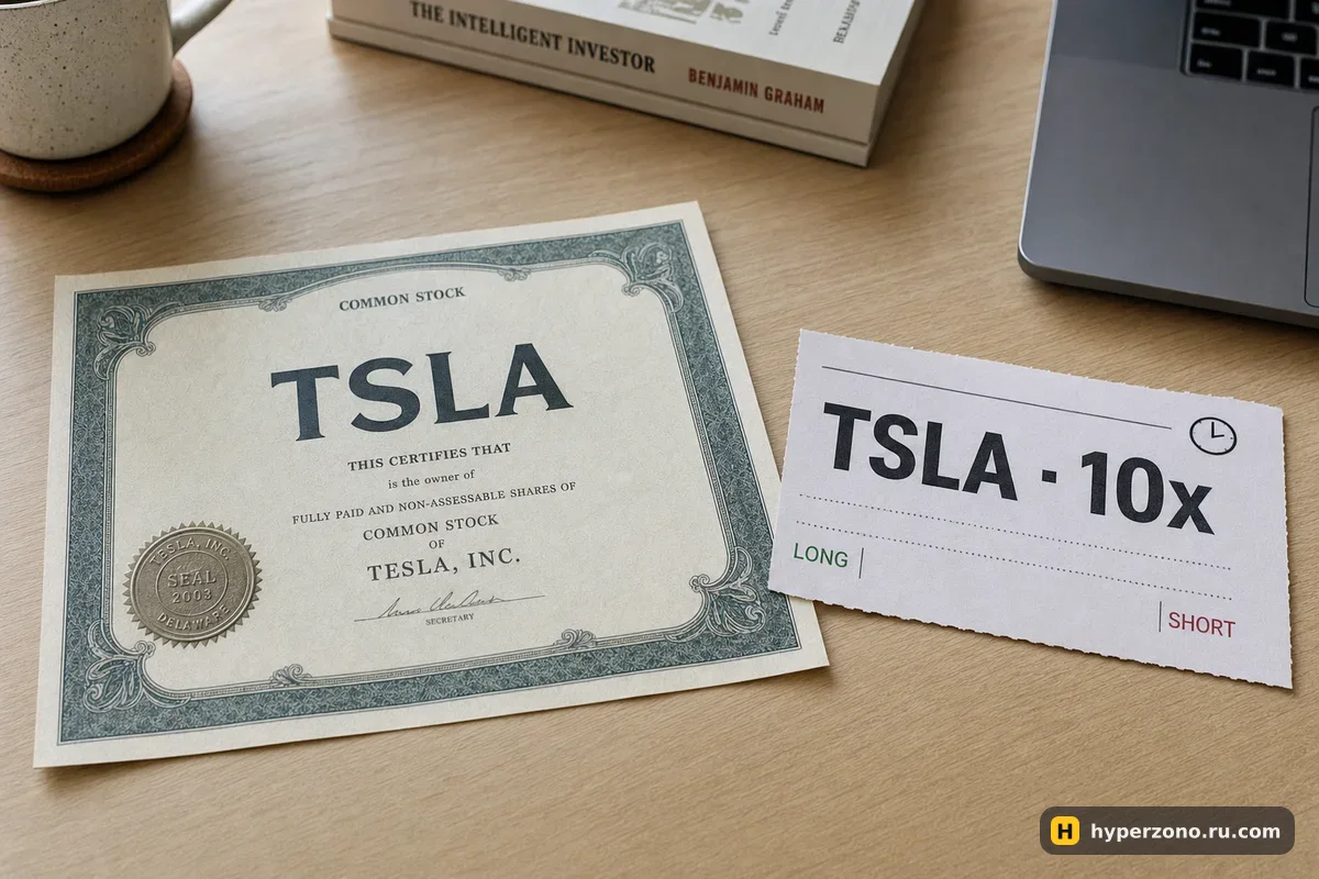 Бумажный сертификат акции TSLA и рядом простой талон с надписью TSLA 10x