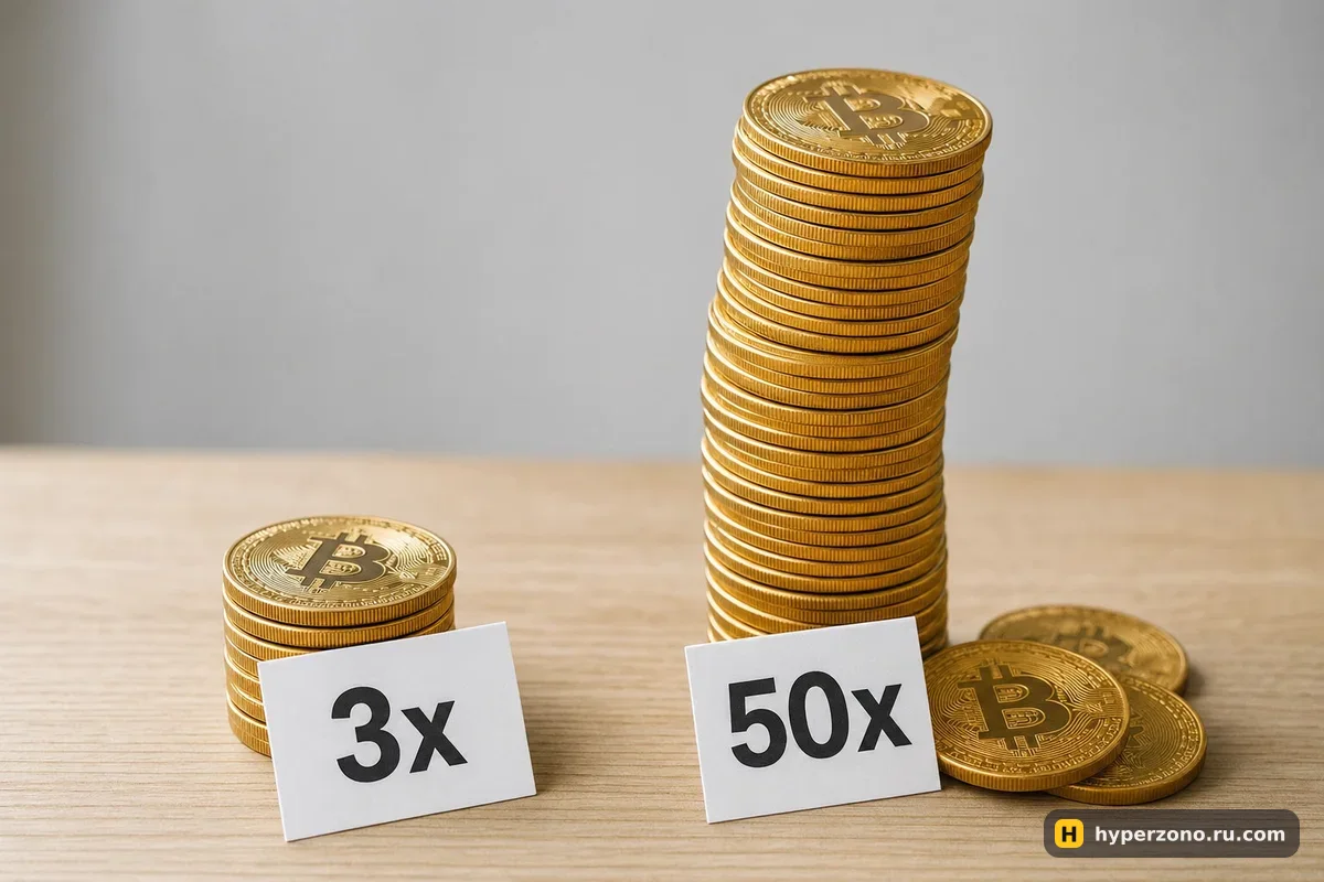 Две стопки биткоин-монет: низкая с табличкой 3x стоит ровно, высокая с табличкой 50x накренилась и часть монет упала
