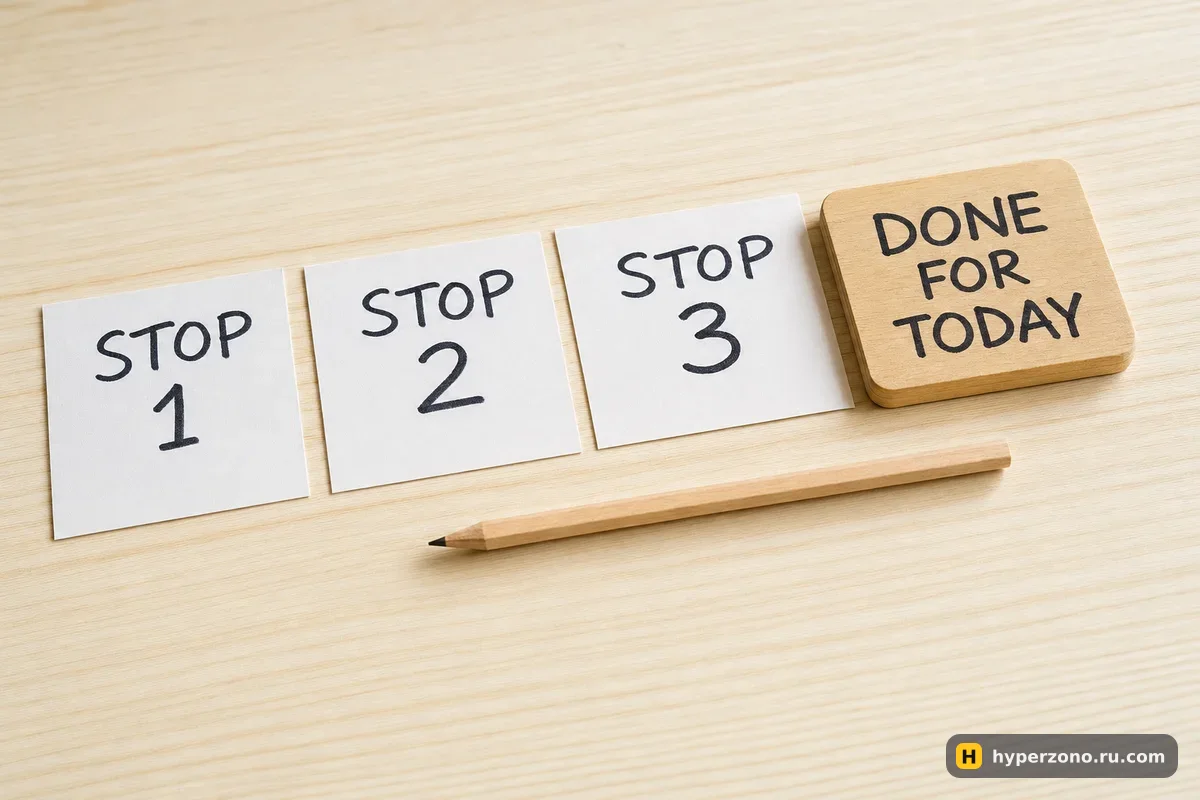 Три бумажные карточки с надписями STOP 1, STOP 2, STOP 3 и табличка «на сегодня всё»