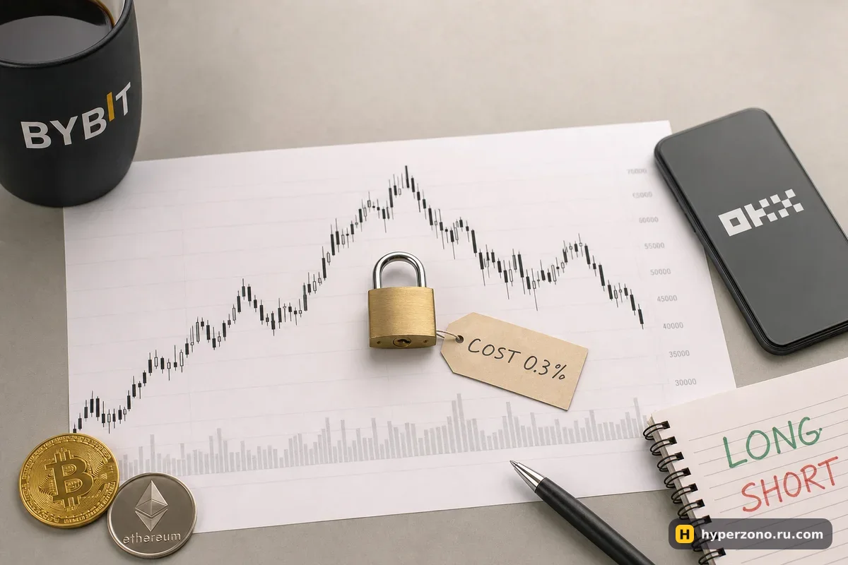 Латунный замок лежит на распечатанном графике биткоина, рядом бумажная бирка COST 0,3%