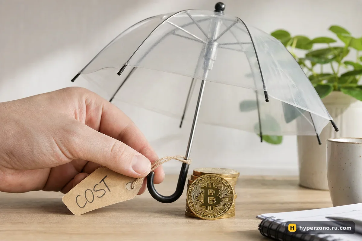 Прозрачный зонт раскрыт над стопкой биткоин-монет, на ручке бумажный ценник COST