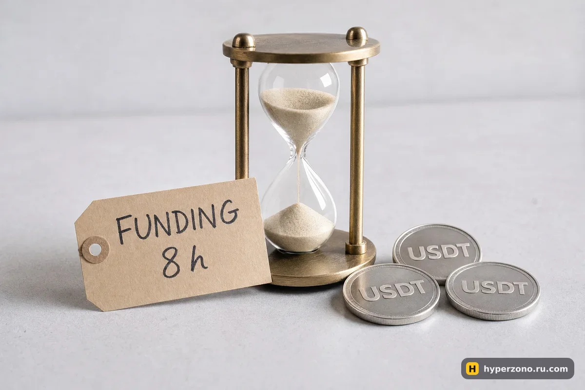 Песочные часы с бумажной биркой FUNDING 8h и монеты USDT на столе