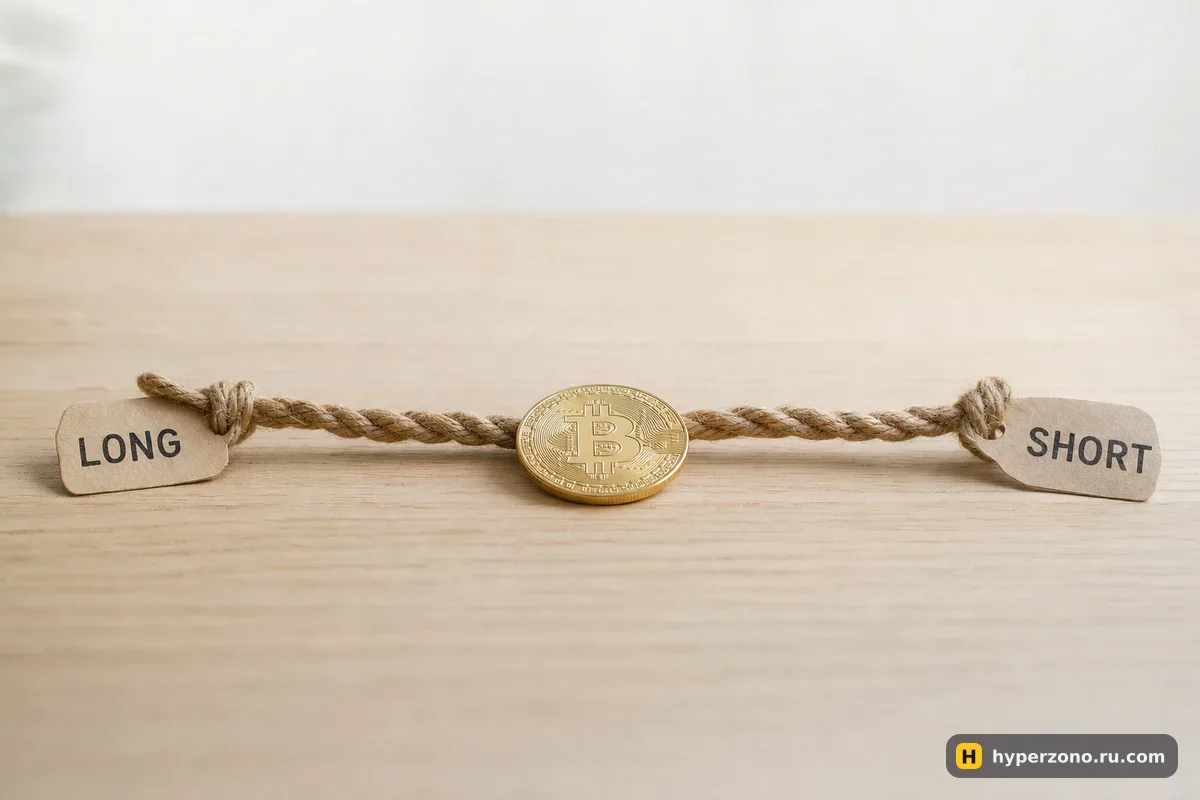 Верёвка с ярлыками LONG и SHORT, посередине монета биткоина