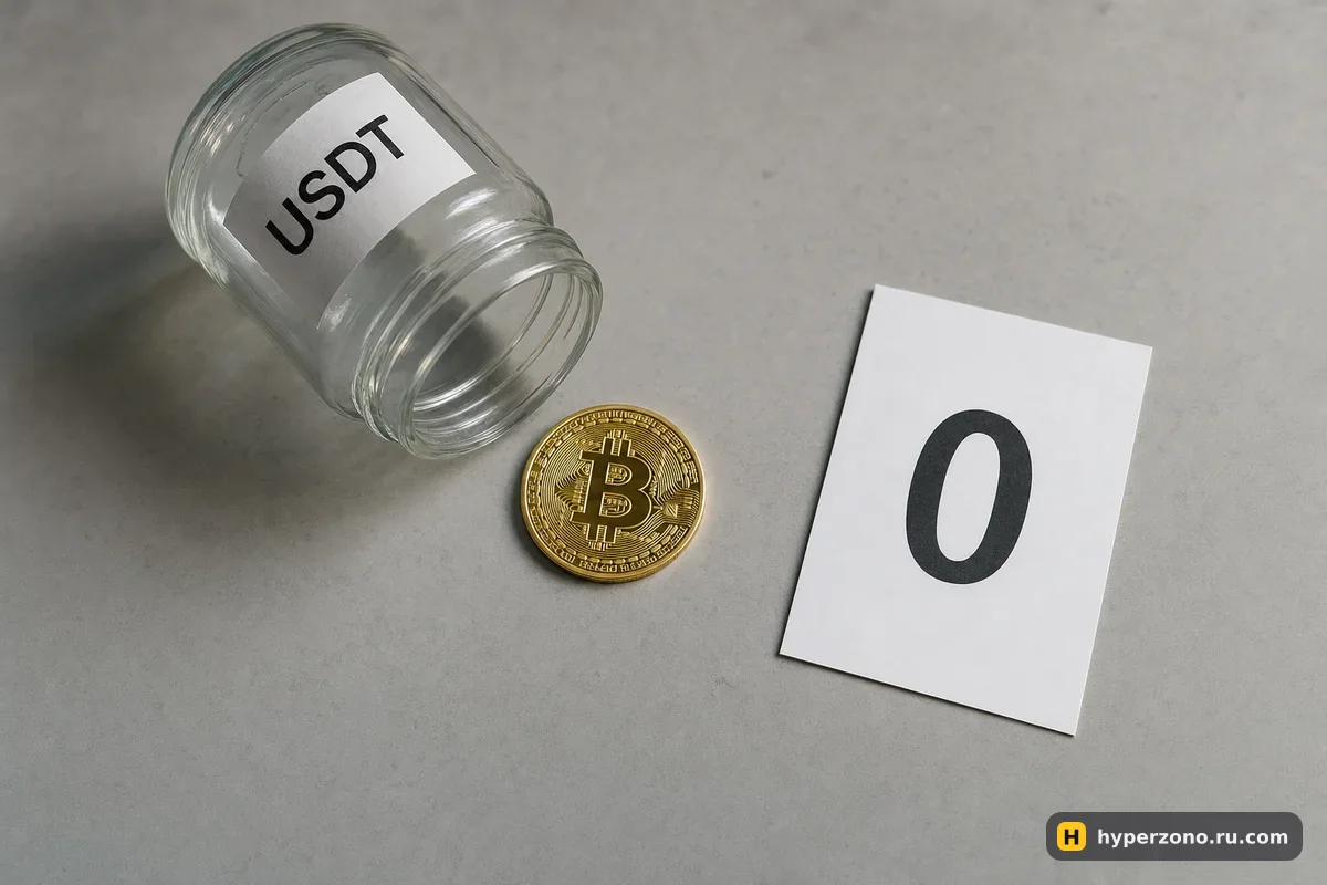 Пустая стеклянная банка с надписью USDT, одна монета биткоина рядом и карточка с нулём
