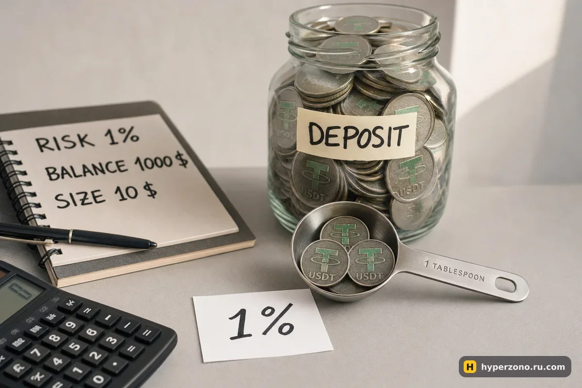 Мерная ложка с тремя монетами USDT перед большой банкой с монетами и карточкой 1%