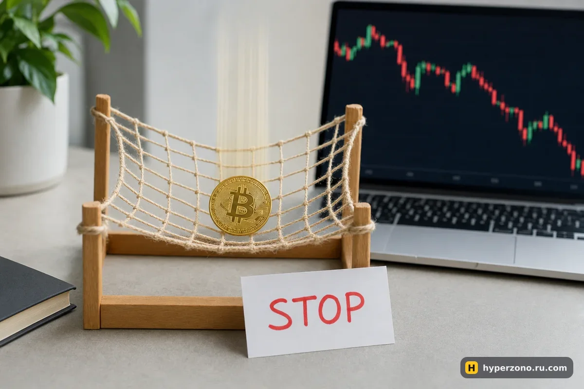 Монета биткоина падает в натянутую страховочную сетку, рядом карточка с надписью STOP