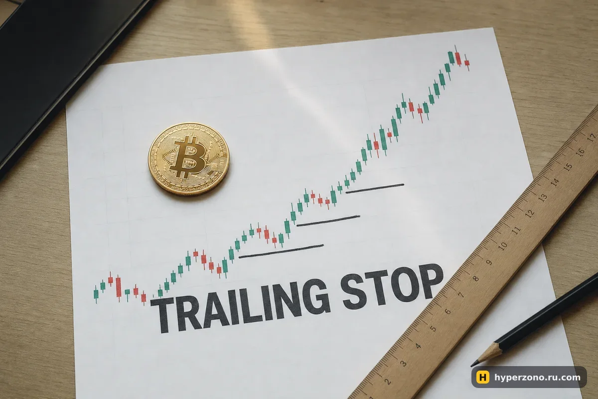 Распечатанный растущий график биткоина, карандашные линии ступеньками вверх и монета BTC