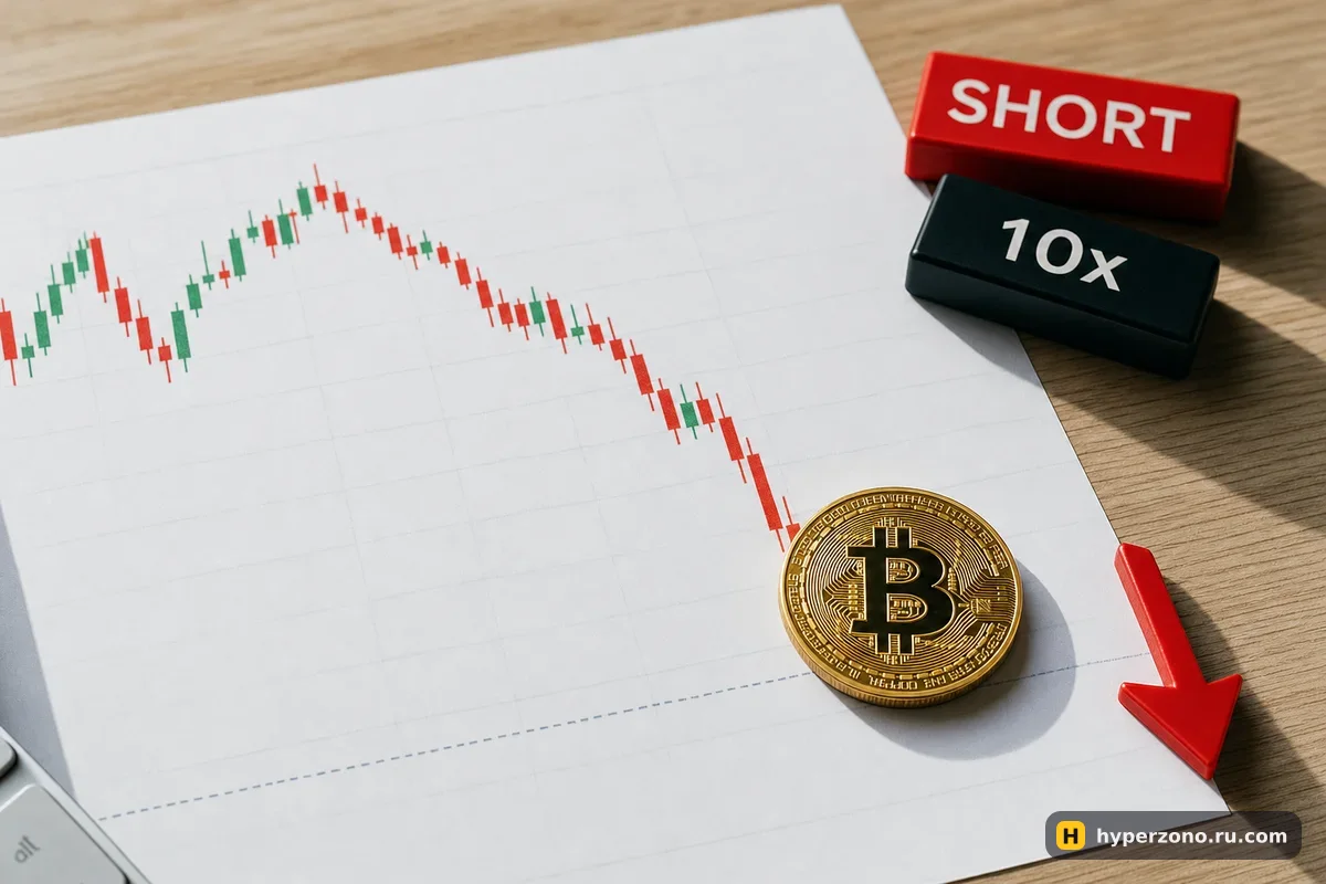 Золотая монета биткоина лежит на распечатанном свечном графике с падающими красными свечами и красной стрелкой вниз
