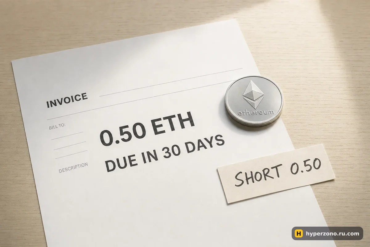 Счёт на 0,50 ETH со сроком 30 дней, монета Ethereum и бумажная бирка SHORT 0.50