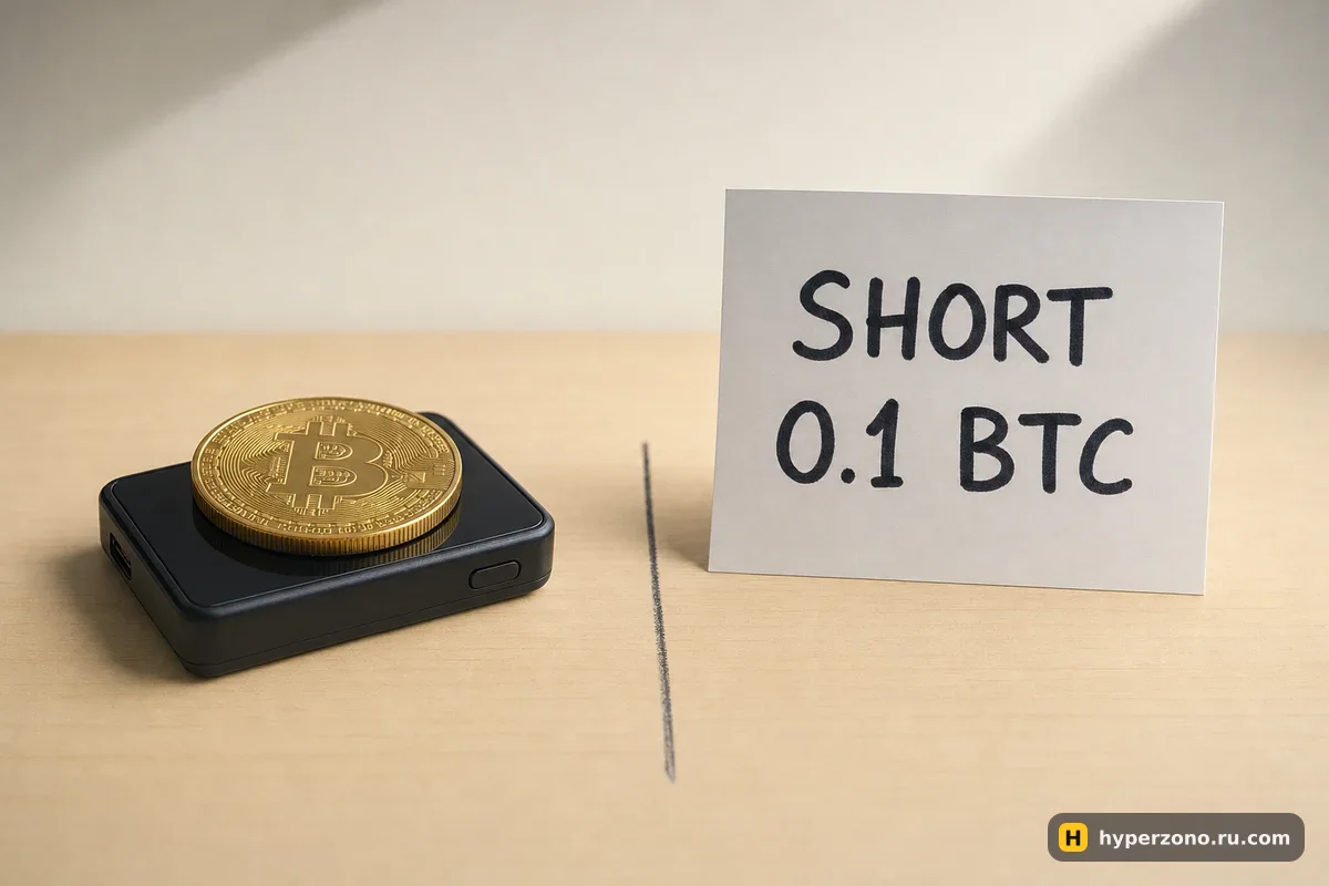 Аппаратный кошелёк с монетой биткоина и отдельная карточка с надписью SHORT 0.1 BTC, разделённые линией