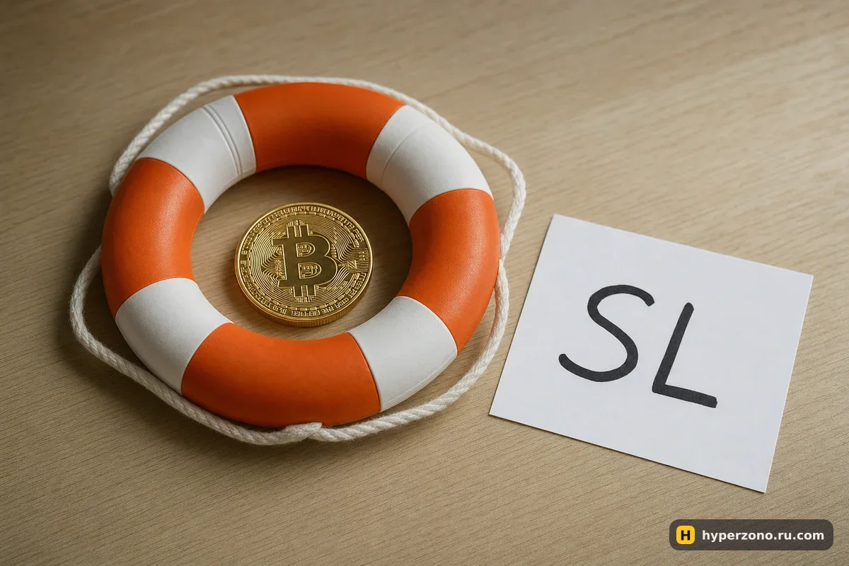 Спасательный круг с монетой биткоина внутри и карточка с надписью SL