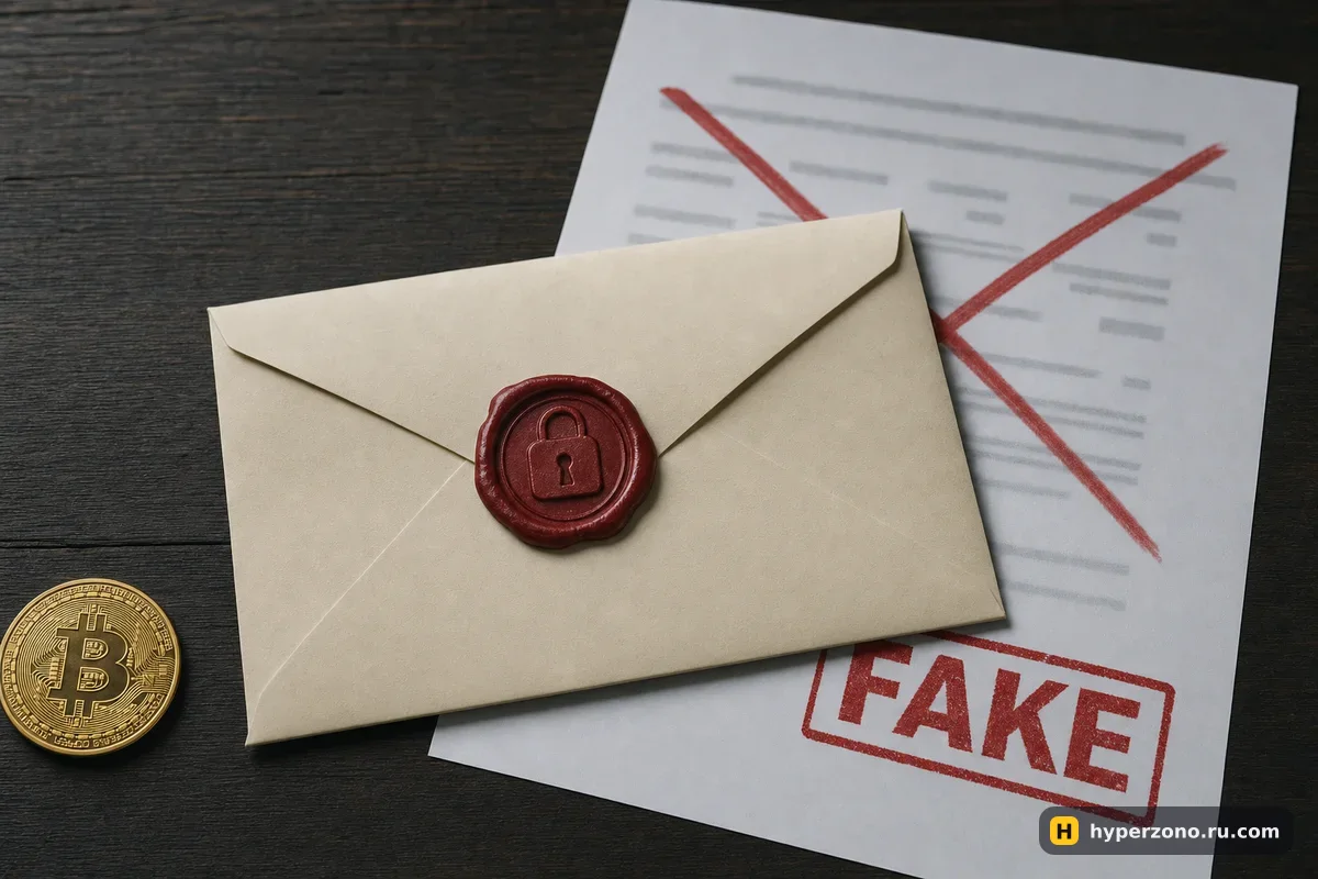 Запечатанный сургучом конверт рядом с перечёркнутым листом со штампом FAKE и монетой биткоина