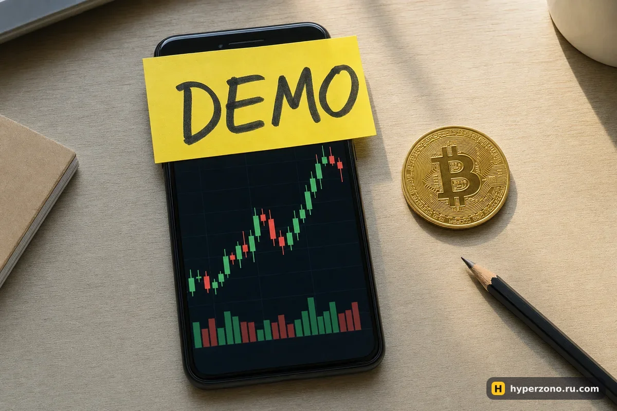 Телефон с графиком биткоина и жёлтый стикер с надписью DEMO поверх экрана