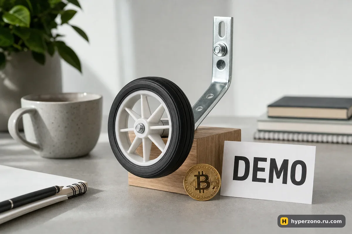 Детское дополнительное колесо велосипеда, монета биткоина и карточка с надписью DEMO