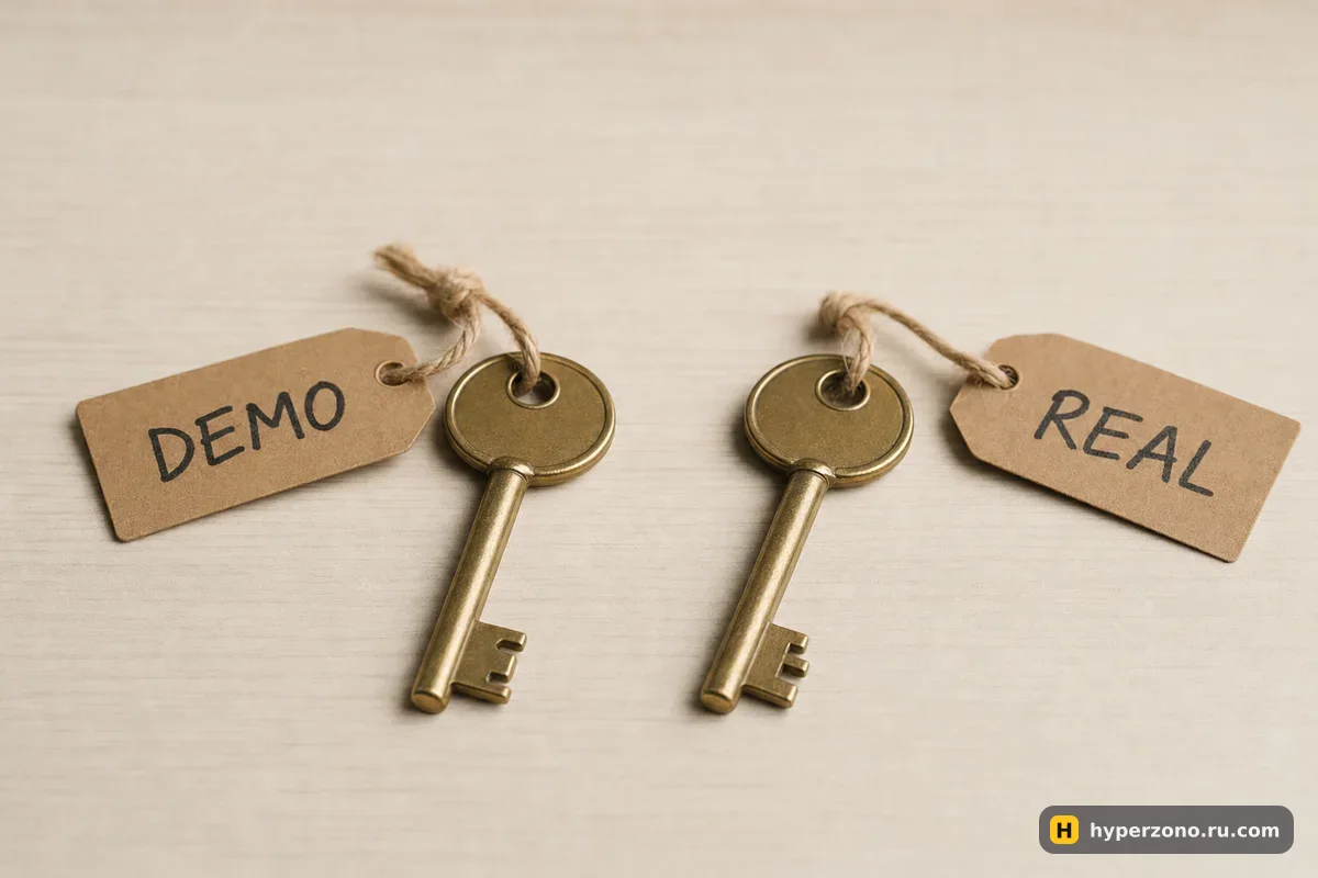 Два одинаковых ключа с бумажными бирками DEMO и REAL