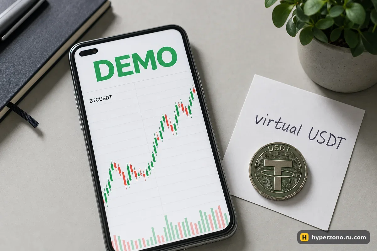 Телефон с графиком биткоина и надписью DEMO, рядом карточка с надписью virtual USDT и монета USDT