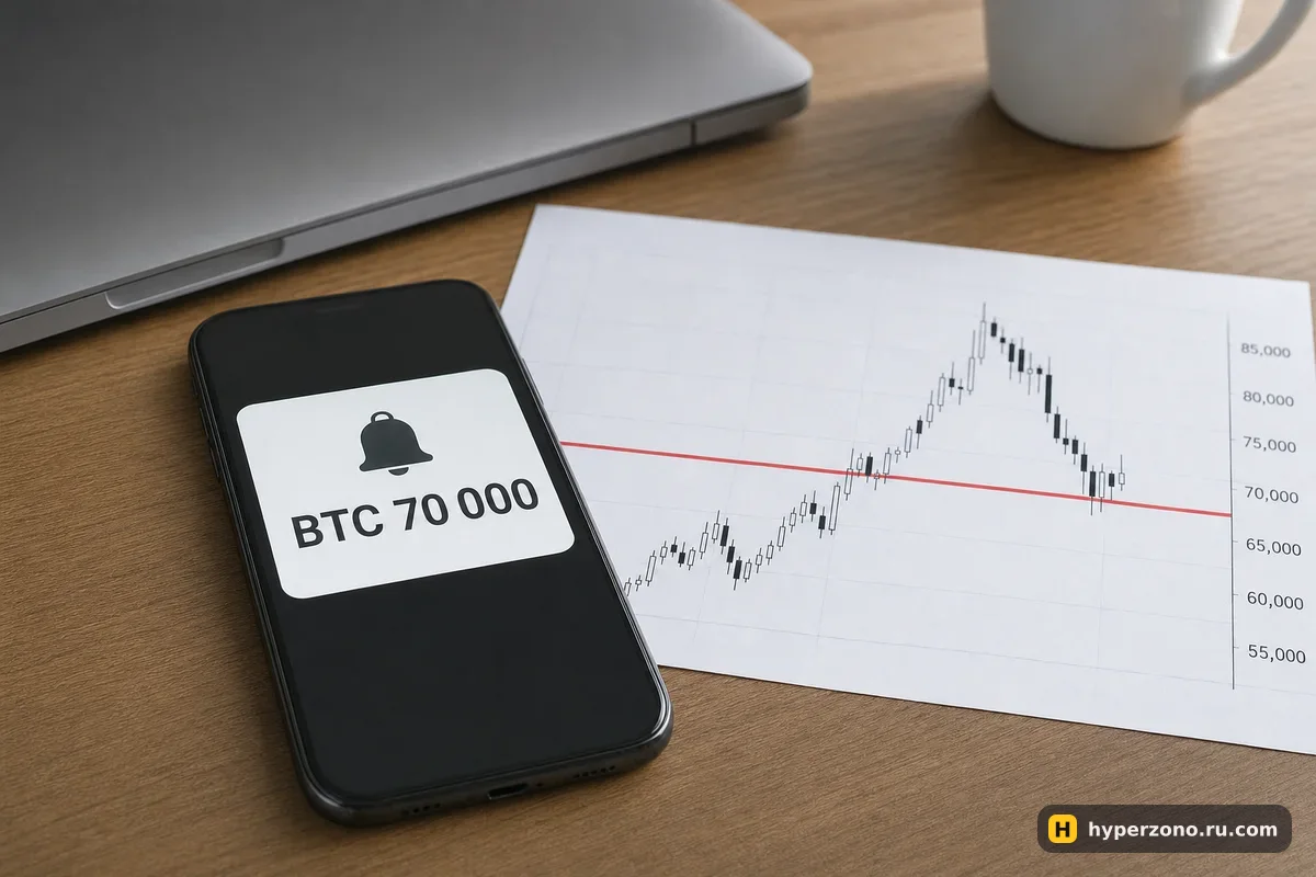 Смартфон с уведомлением о цене BTC 70 000 лежит рядом с распечатанным графиком биткоина с красной линией нужного уровня