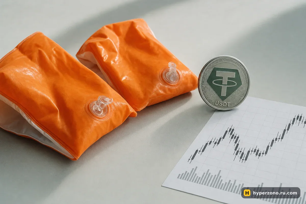 Сдутые детские нарукавники для плавания рядом с монетой USDT и распечатанным графиком