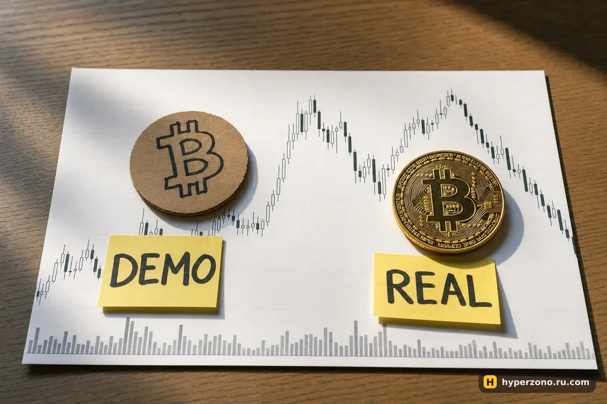 Распечатанный свечной график BTC: слева картонный кружок с нарисованным ₿ и запиской DEMO, справа настоящая золотая монета биткоина с запиской REAL