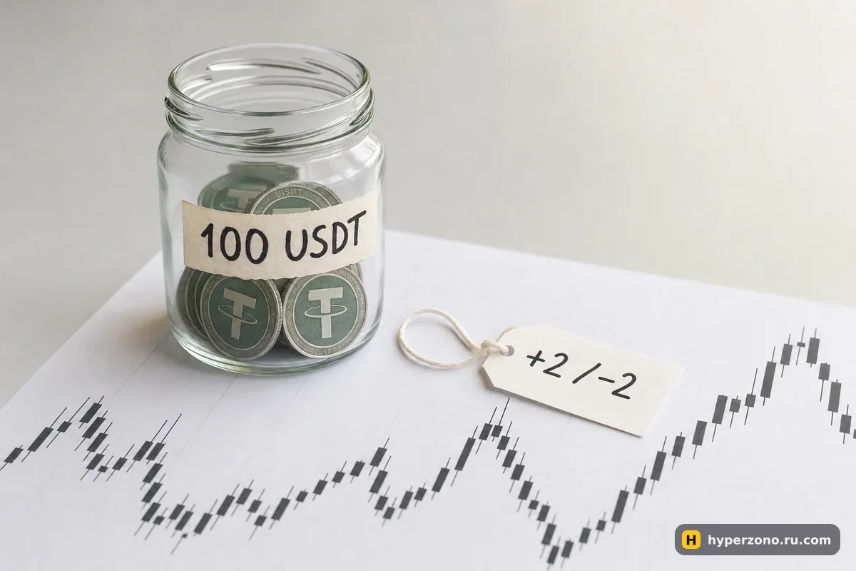 Банка с надписью 100 USDT и бумажный ярлычок с цифрами плюс два и минус два на распечатанном графике