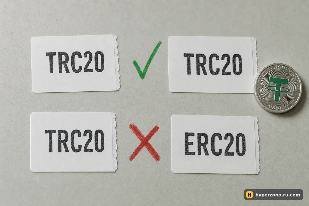 Две пары бумажных бирок: TRC20 и TRC20 с зелёной галочкой между ними, TRC20 и ERC20 с красным крестом