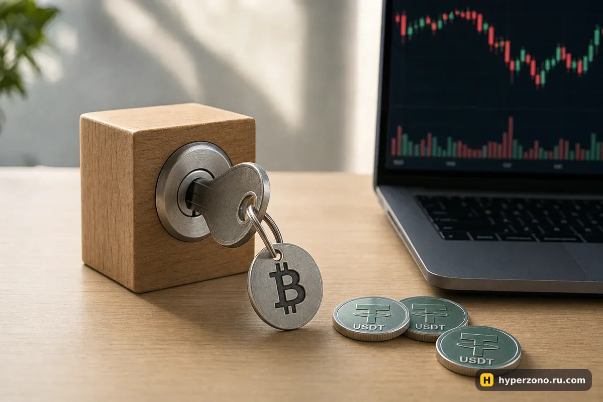 Ключ зажигания с брелоком в виде символа биткоина и три монеты USDT на столе