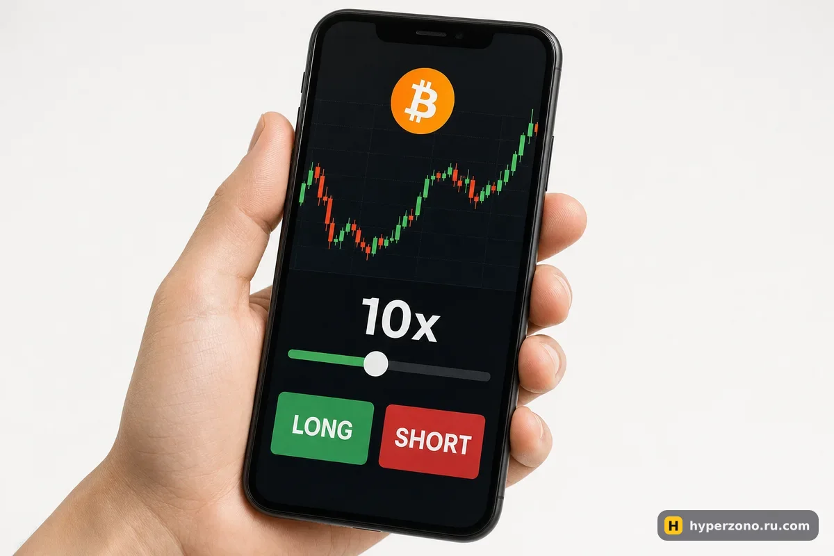 Телефон с окном сделки: график биткоина, ползунок плеча 10x и кнопки LONG и SHORT