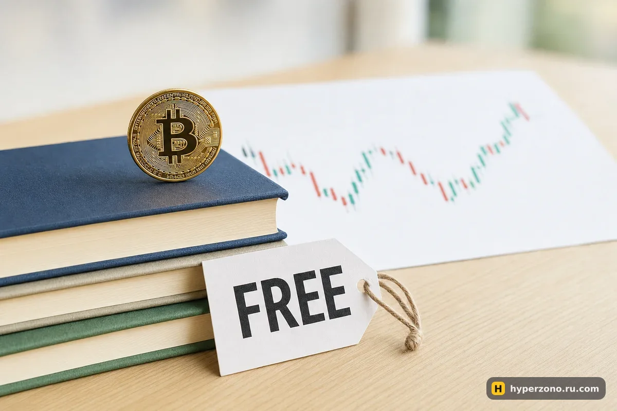 Стопка книг с биткоин-монетой сверху и биркой FREE на фоне распечатанного свечного графика