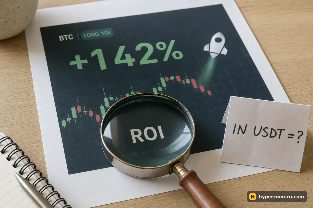 Распечатанный скриншот с надписью +142% под лупой, рядом записка «IN USDT = ?»