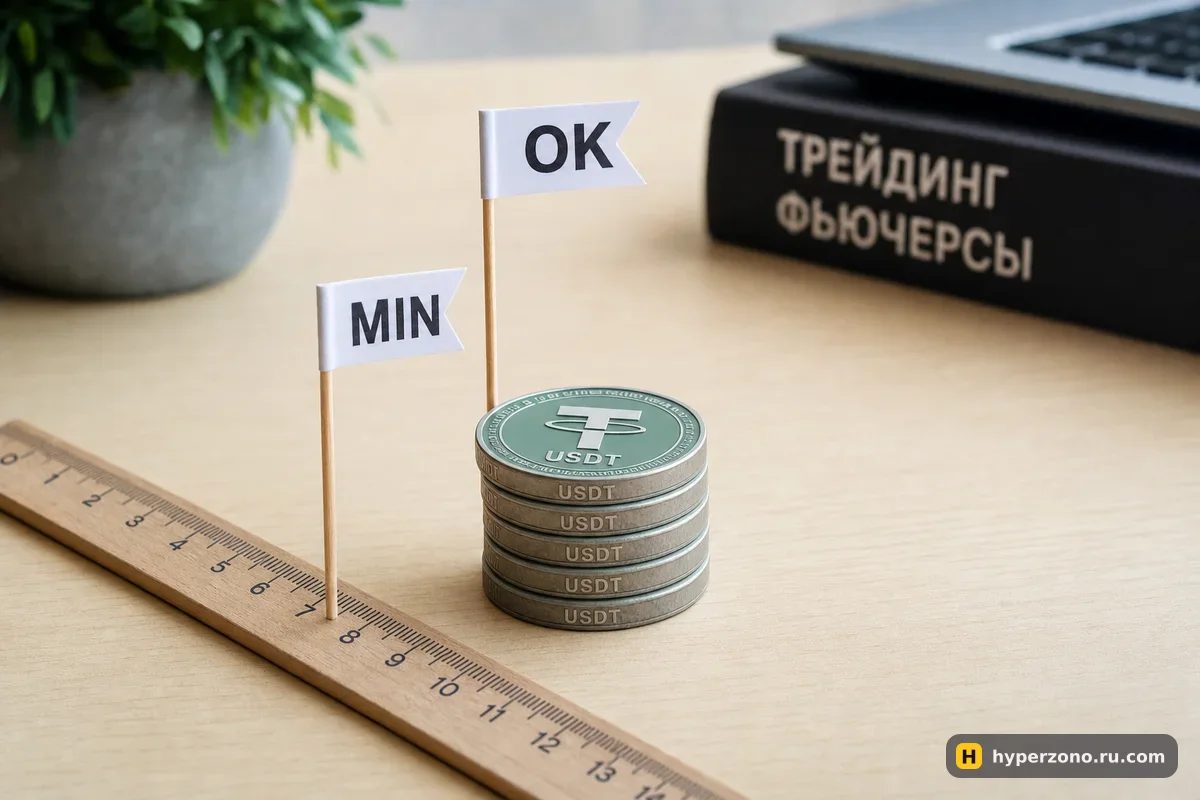 Деревянная линейка и столбик монет USDT с бумажными метками MIN и OK