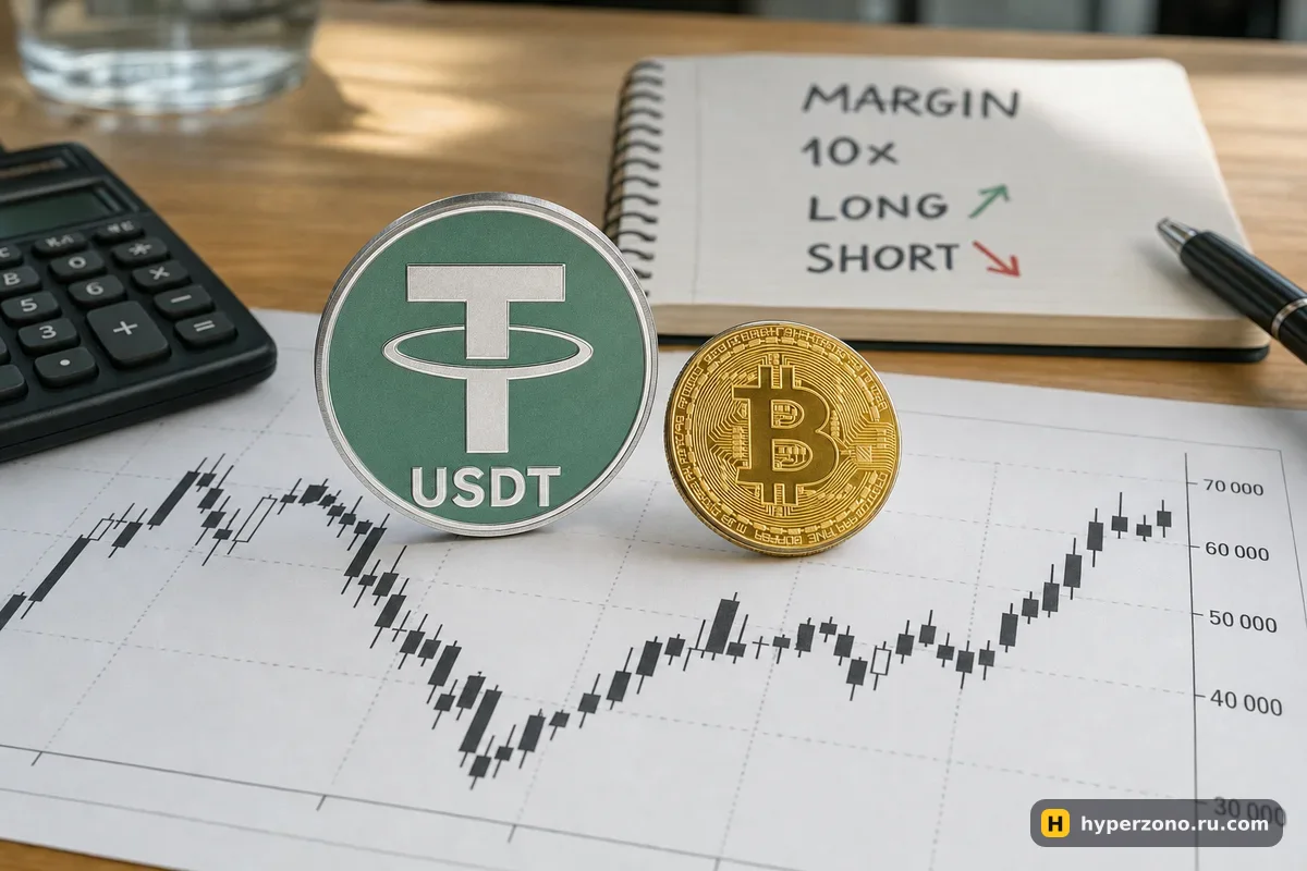 Монета USDT стоит прямо на распечатанном свечном графике, рядом наклонилась монета биткоина