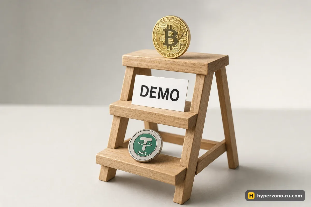 Маленькая деревянная стремянка: на нижней ступени монета USDT, на средней карточка DEMO, наверху биткоин