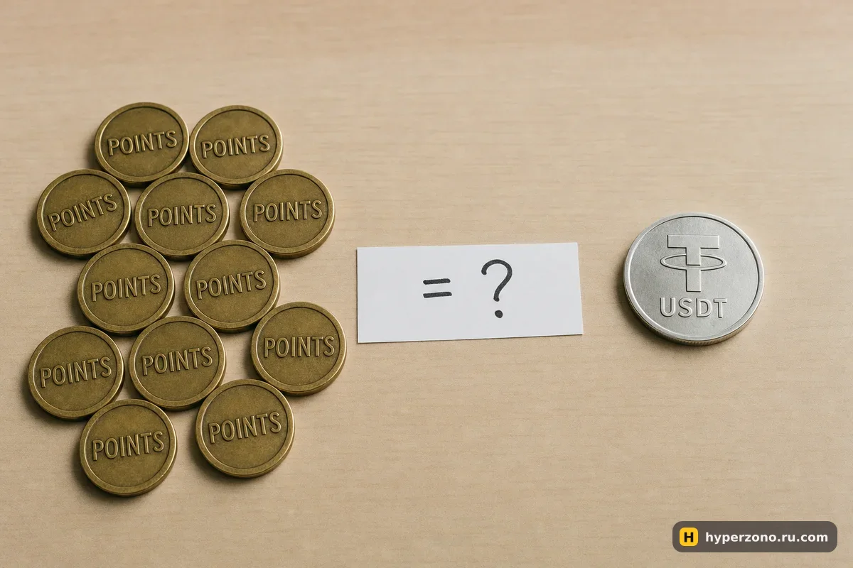 Горстка жетонов с надписью POINTS и одна монета USDT, между ними карточка со знаком вопроса
