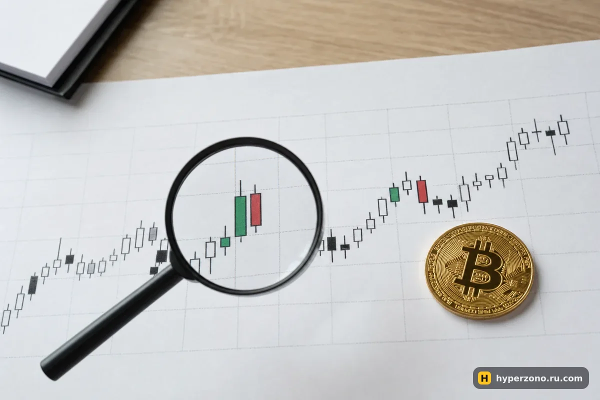 Распечатанный свечной график на столе, золотая монета биткоина и лупа, увеличивающая зелёную и красную свечи