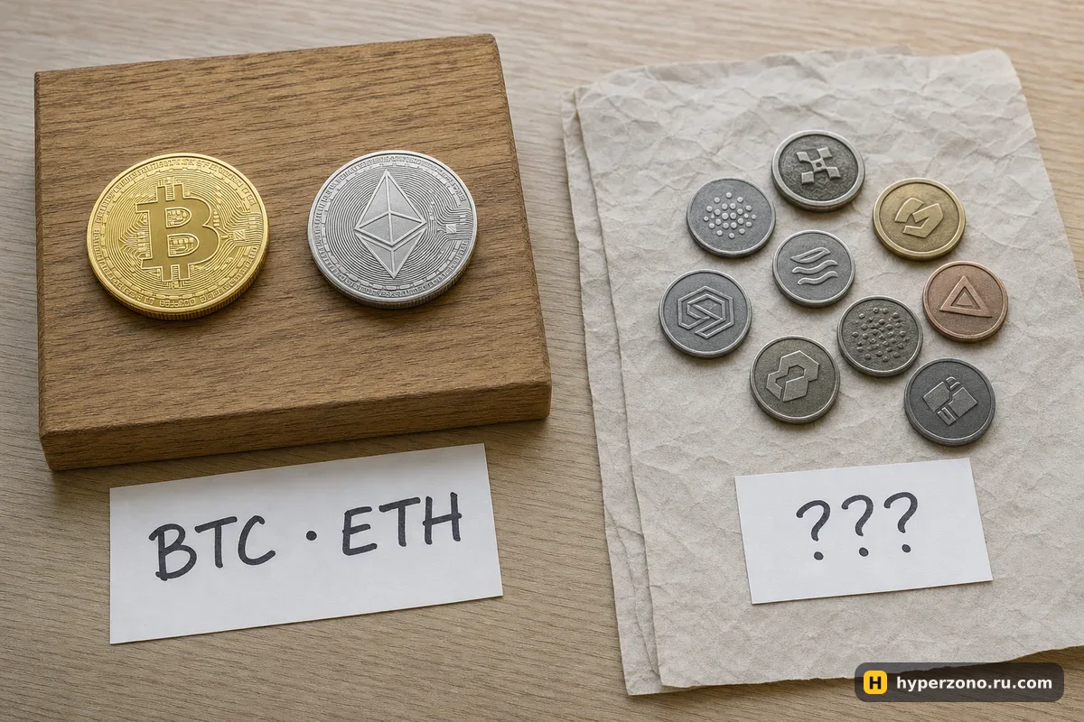Монеты биткоина и эфира на прочном деревянном бруске и россыпь мелких безымянных монет на мятой бумаге