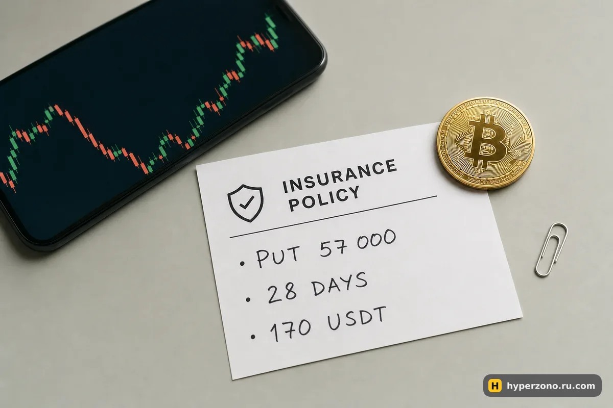 Бумажная карточка с надписями PUT 57 000, 28 DAYS, 170 USDT и золотая монета биткоина