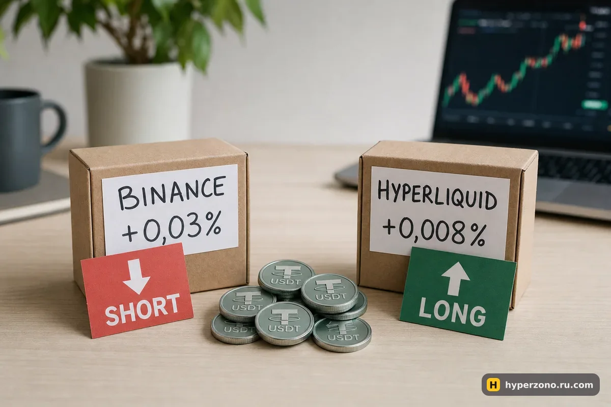 Две коробки с подписями ставок фандинга, карточки SHORT и LONG и монеты USDT между ними