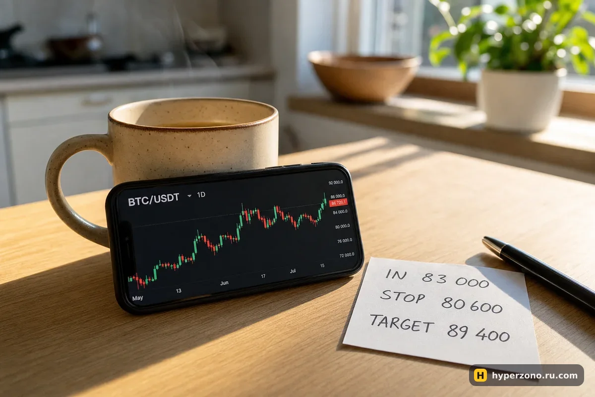 Чашка кофе, телефон с дневным графиком биткоина и записка с ценами входа, стопа и цели