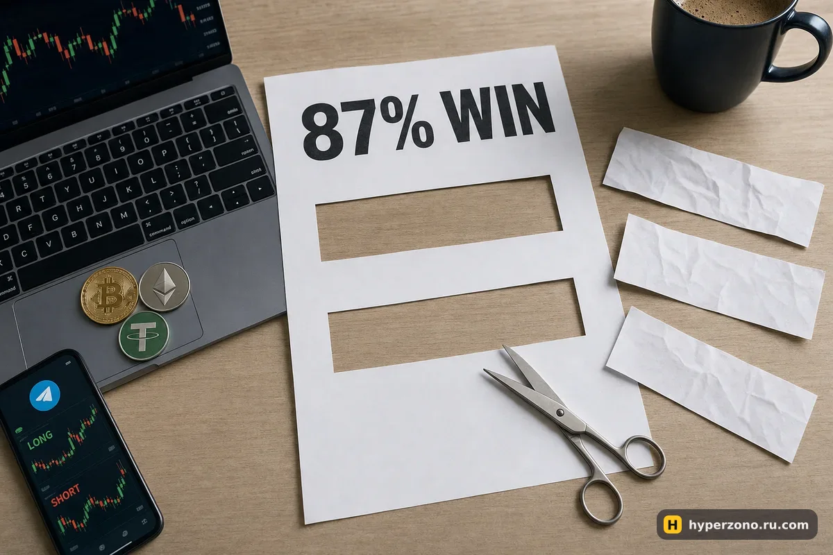 Лист с крупной надписью 87% WIN, из которого ножницами вырезаны строки, рядом обрезки бумаги