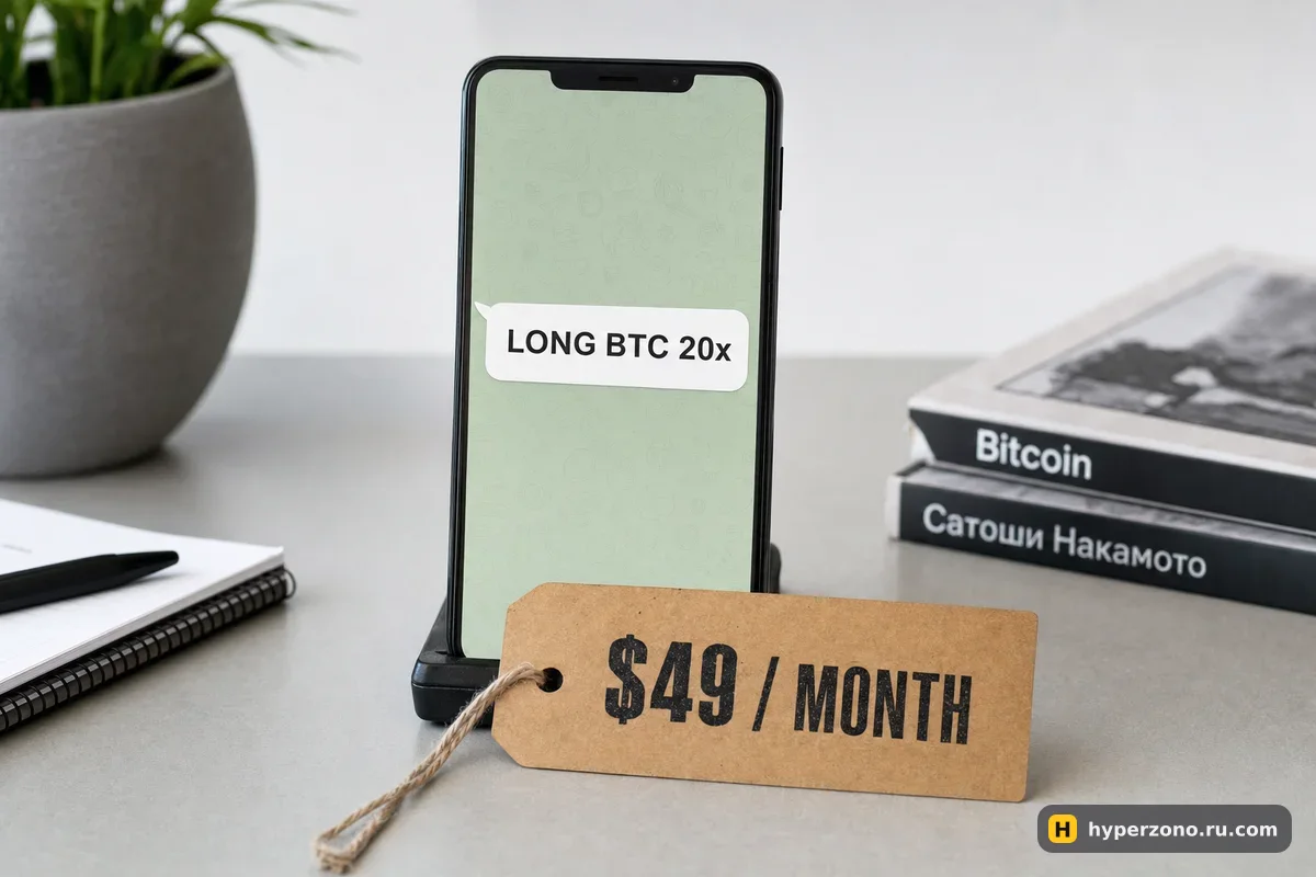 Телефон с сообщением-сигналом LONG BTC 20x и бумажный ценник с подписью 49 долларов в месяц