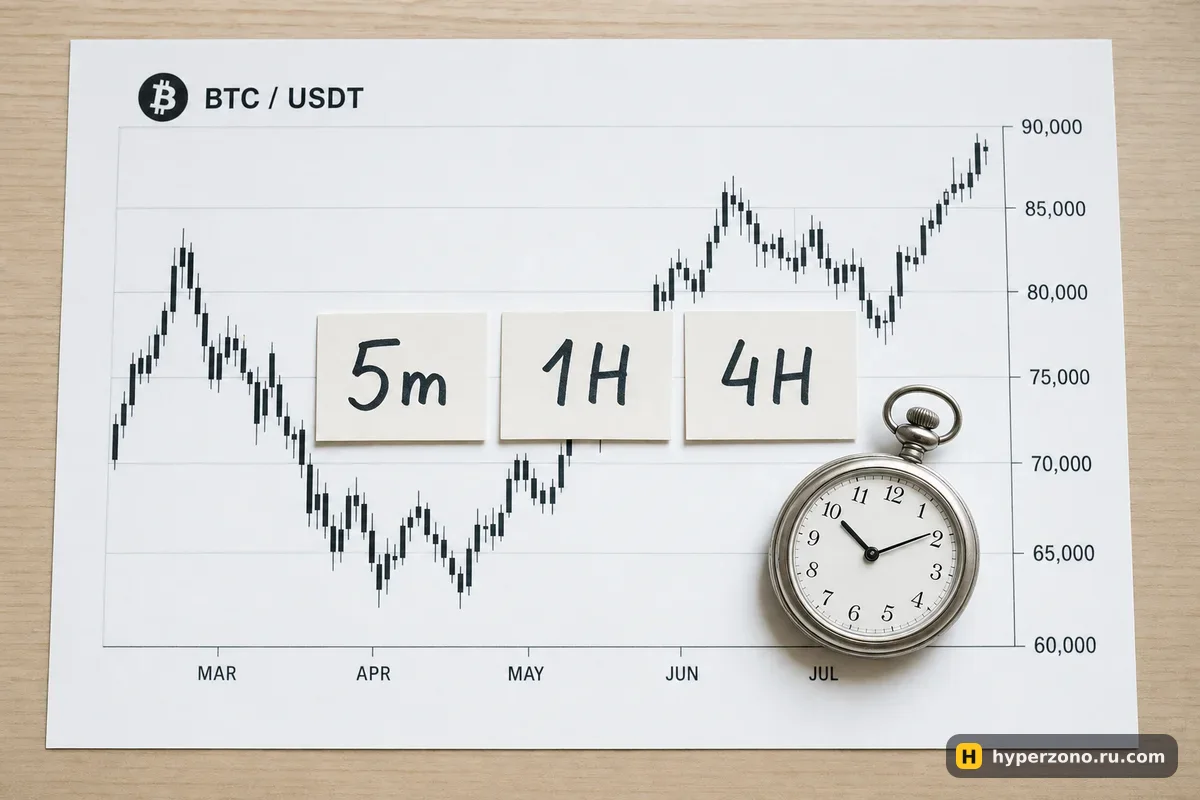 Распечатка свечного графика биткоина с бумажными бирками 5m, 1H, 4H и карманными часами