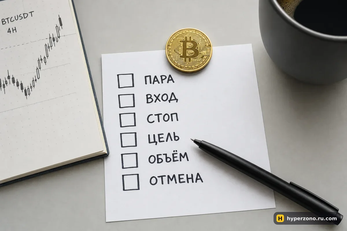 Карточка с шестью пунктами плана сделки, ручка и монета биткоина на столе