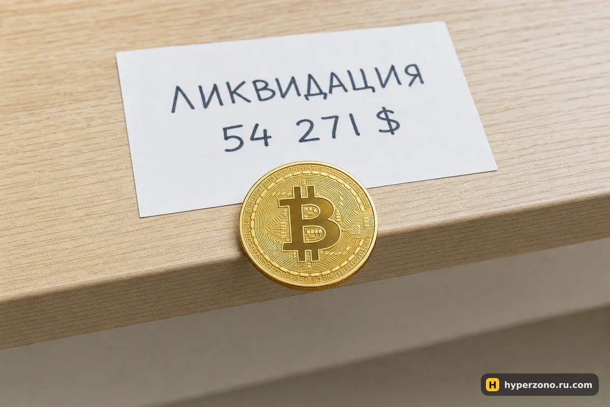 Монета биткоина на самом краю стола и бумажка с надписью LIQ 54 271