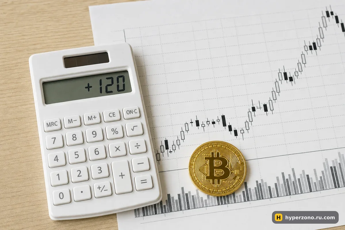 Калькулятор с результатом +120 рядом с монетой биткоина на распечатанном свечном графике