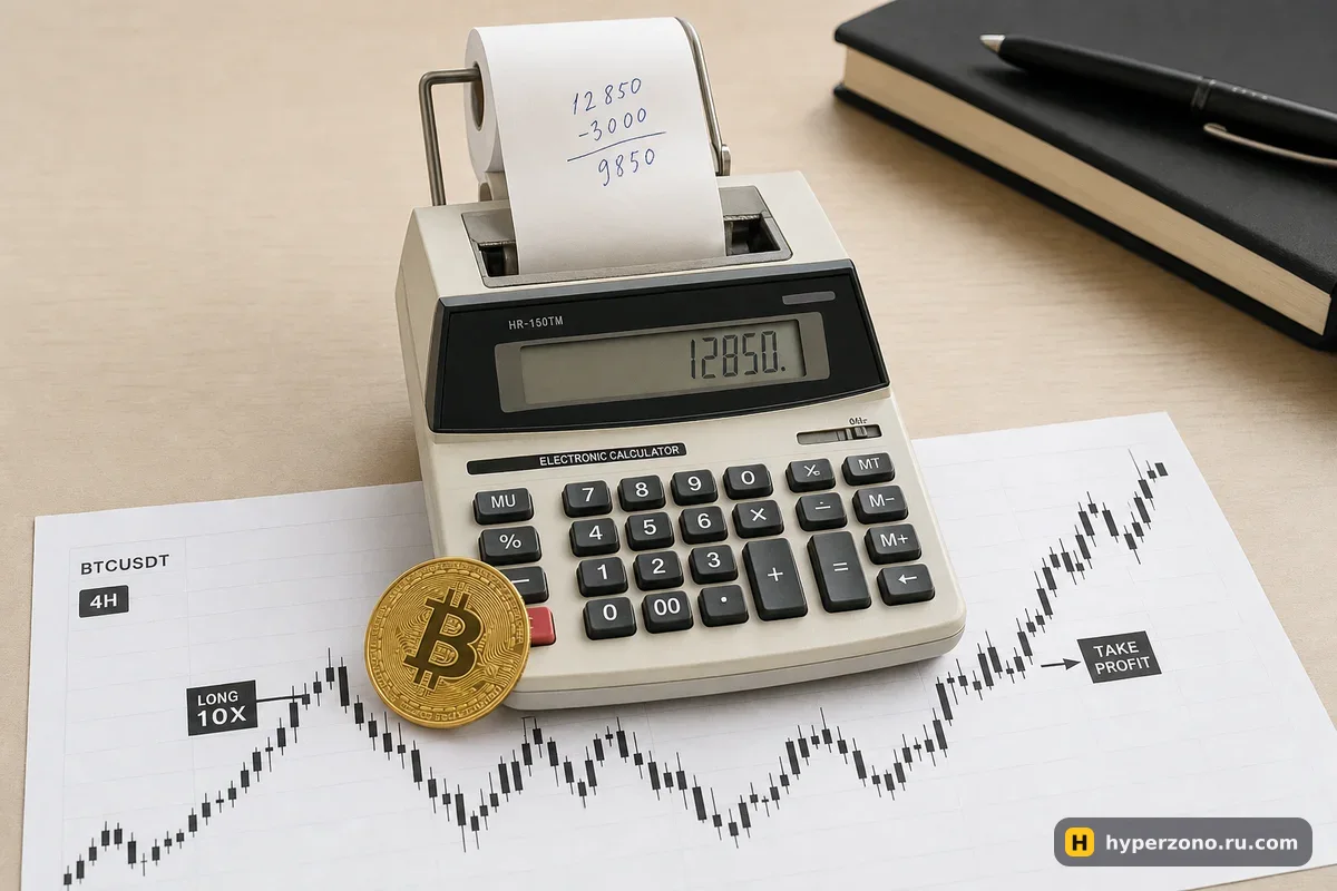 Настольный калькулятор с бумажной лентой, монета биткоина и распечатанный свечной график